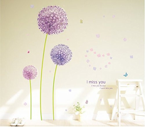 SWORNA Nature Series 3D Beautiful Purple Dandelion Flower Removable Vinyl DIY Wall Art Decor Decal Decoration Home Sticker - Living Room Bedroom Hallway Kindergarten Kid Nursery 71'' H X 59'' W