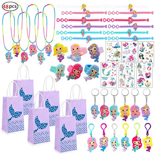 48 Pack Mermaid Party Favors Supplies,Mermaid Bracelet Ring keychains Necklace Tattoos Gift Bags Paper Bags Mermaid Accessories Kit for Girls Mermaid Party Gift for Kids