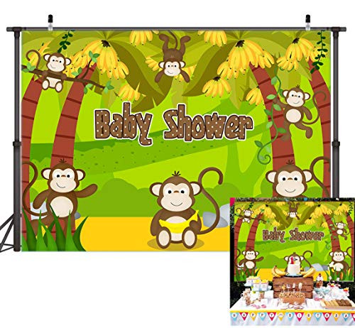 TJ 5x3FT Cartoon Baby Monkey Theme Photo Backdrops Green Jungle Bananas Baby Shower Birthday Party Decoration Photo Backdrops Kids Studio Booth Props Banner Vinyl