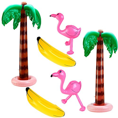 Aneco 6 Pack Jumbo Inflatable Palm Trees Flamingos Toys Inflatable Banana for Luau Party Décor Beach Backdrop