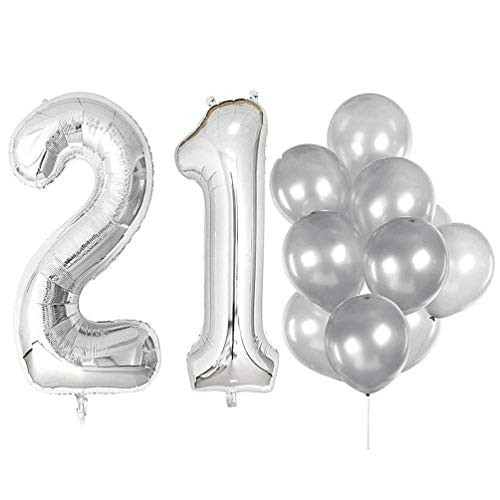 IN-JOOYAA 40 in Big Number 21 Mylar Balloons Silver 21th Jumbo Foil Number Balloon for 21st Birthday Party Anniversary Celebrate Party Decoration