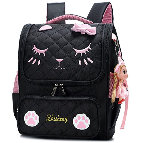 Cute Backpacks for Girls Primary Elementary School Animal Cat Face Kids Bookbags (Black-Small)
