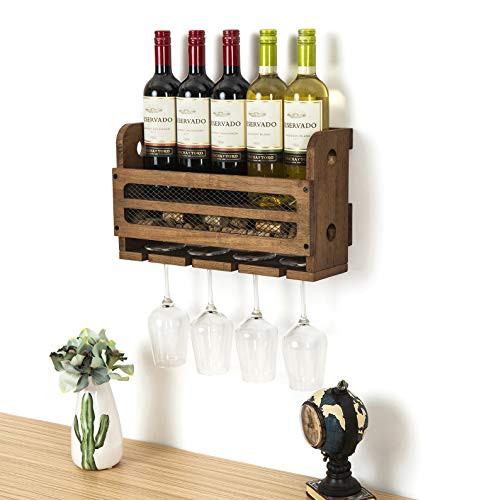 SODUKU Wall Mounted Wooden Wine Rack 5 Wine Bottles and 4 Stem Glasses Holder Wine Cork Storage Rack