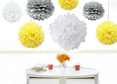 Kubert Pom Poms - 18 pcs Tissue Paper Flowers,White , Yellow , Silver ,3 Sizes,Tissue Paper Pom Poms,Best Mother's Day decoration,Wedding Decor,Party Decor,Pom Pom Flowers,Tissue Paper Pink,Tissue Paper Flowers Kit,Pom Poms Craft,Wedding Pom Poms,For Baby Shower,Pom Poms Pink,Pom Poms Decoration