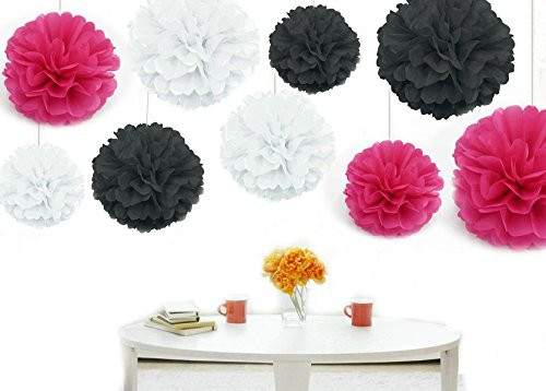Kubert® Pom Poms - 18 pcs Tissue Paper Flowers, White & Hot Pink & Black ,3 Sizes,Tissue Paper Pom Poms,Best Mother's Day decoration,Wedding Decor,Party Decor,Pom Pom Flowers,Tissue Paper Pink,Tissue Paper Flowers Kit,Pom Poms Craft,Wedding Pom Poms,For Baby Shower,Pom Poms Pink,Pom Poms Decoration