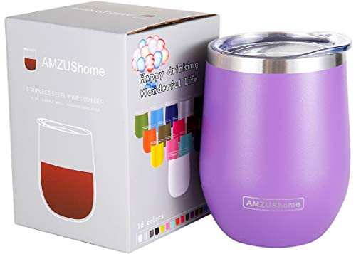 AMZUShome Stainless Steel Wine Glass Tumbler - Double Walled Vacuum Stemless Insulated Unbreakable Metal Wine Cups With Lid(Lilac)12 OZ