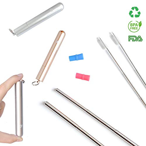 Mixologenie Collapsible Stainless Steel Reusable Straw WITH Keychain Case, Silicone Tip, and Cleaning Brush || Eco-Friendly Metal FDA Dishwasher-Safe Foldable Drinking Straw (Silver With Blue Tip)