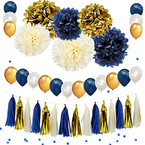 Navy Blue Gold Party Decoration Kit Hanging Pom Poms Paper Garland Party and Balloons Latex Balloon with Blue Confetti for Birthday Wedding Bridal Baby Shower Party Decoration Supply