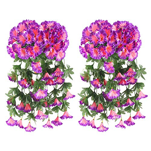 HO2NLE Artificial Hanging Flowers, 4PCS Fake Silk Morning Glory Hanging Vine Plants Faux Flower Hang Garland DIY for Home Garden Wall Fence Stairway Outdoor Wedding Hanging Baskets Decor Purple
