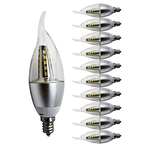 LAGPOUSI 5w LED Candelabra Bulb Daylight 40W Equivalent E12 Base 400LM, CRI>80, Non- Dimmable, Chandelier, LED Candle Bulbs,Clear Flame Tip. 10 Pack, White (5000K)
