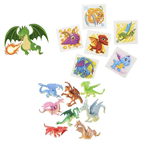 120 Dragon Party Favors - 72 Tattoos 24 Figures 24 Stickers - Teacher Classroom Reward Incentive School Supplies Fire Breathing Medieval
