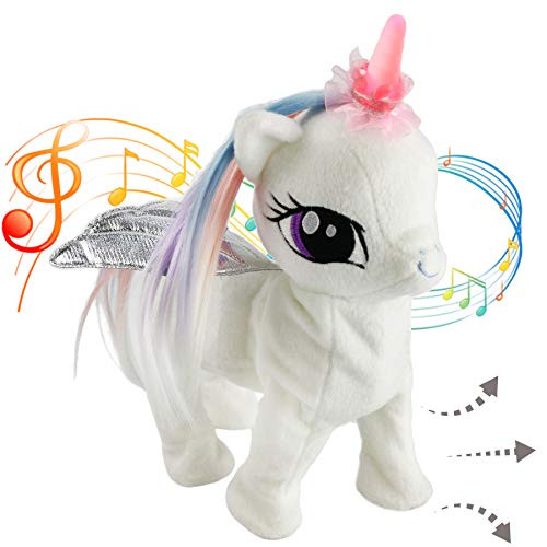 Houwsbaby Musical Unicorn Electronic Toys Interactive Night Light Horn Animated Stuffed Animal Pegasus Plush Singing Walking Gift for Toddlers Kids, 13 inches, White