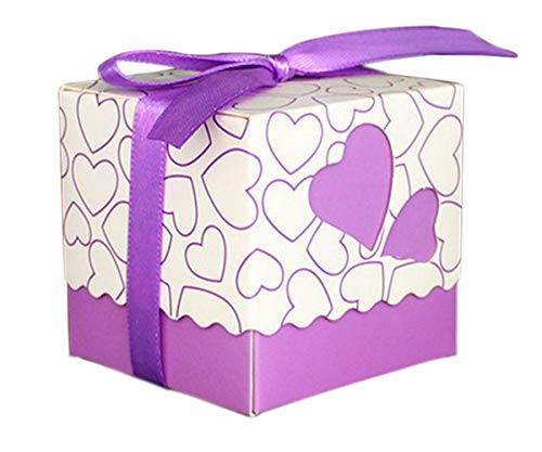 Lontenrea 50 Pcs Candy Boxes Hollow Heart Wedding Birthday Party Favor Gift Box with Ribbons (Purple)
