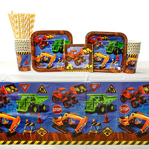 Under Construction Birthday Party Supplies Pack for 16 Guests | Includes Straws, Dessert Construction Plates, Beverage Napkins, Cups, Tablecover | Construction Party Supplies for Boys Birthday Party
