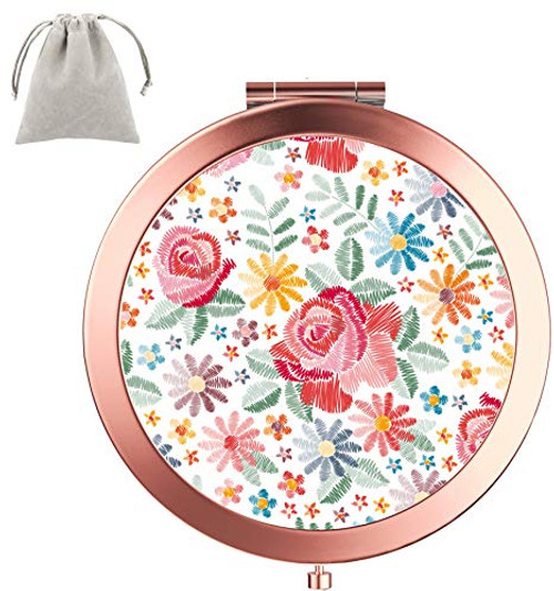 Compact Mirror Dynippy Round Rose Gold Makeup Mirror for Purses Folding Mini Pocket Mirror Portable Hand Double-sided With 2 x 1x Magnification for Girls Woman Mother Great Gift - Flowers