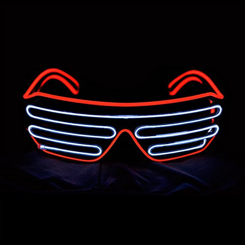 PINFOX Shutter El Wire Neon Rave Glasses Flashing LED Sunglasses Light Up Costumes for 80s, EDM, Party RB03 (Red + White)