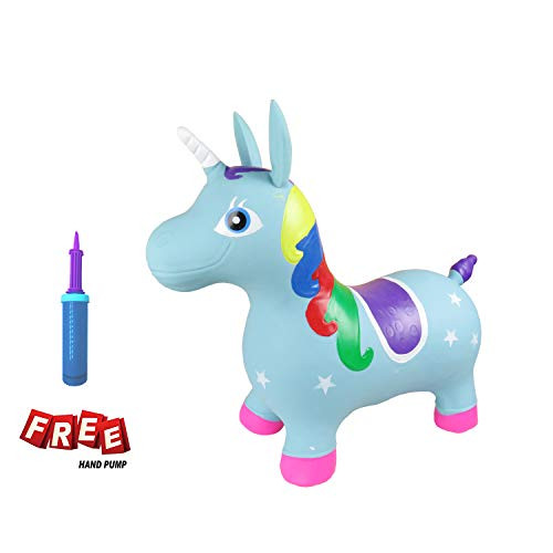 Welliboom Unicorn Hopper Kit, Inflatable Jumping Unicorn, Space Hopper, Ride-on Bouncy, Inflatable Bouncer Gift for Kids, Pump Included, (Light Blue)