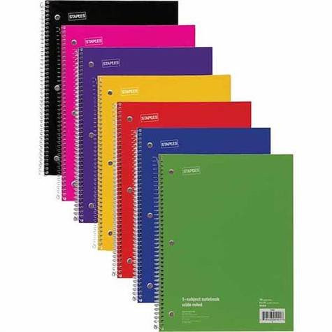 Staples 1 Subject Spiral Notebook, Wide Rule, Assorted Colors (Pack of 10)