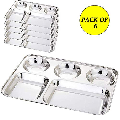 Pack Of 6 Stainless Steel 5 compartment Rectangular Plates For Daily Use Mess Tray, Food Divided Plates, kids lunch plates Or Every Day Use, Compartment Divided Plates By Khandekar Pack Of 6 Stainless Steel 5 compartment Rectangular Plates For Daily Use Mess Tray, Food Divided Plates, kids lunch plates Or Every Day Use, Compartment Divided Plates By Khandekar