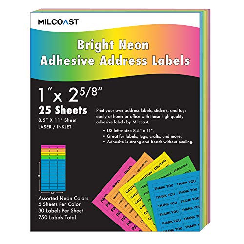 Milcoast Bright Neon Address Labels - 1" x 2-5/8" for Inkjet/Laser Printers - 5 Color Pack - 750 Labels (25 Sheets)