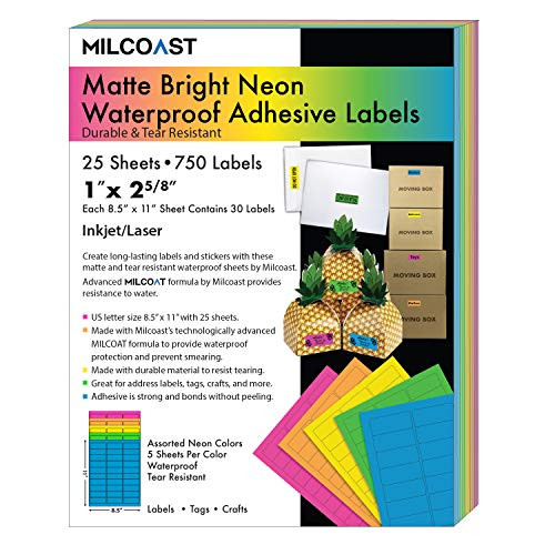 Milcoast Bright Neon Matte Waterproof Tear Resistant Address Labels - 1" x 2-5/8" for Inkjet/Laser Printers - 5 Color Pack - 750 Labels (25 Sheets)