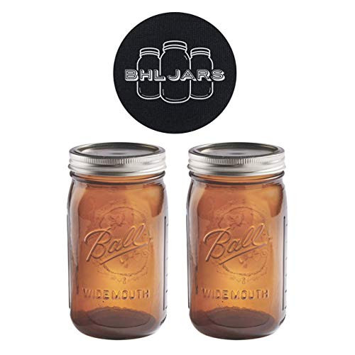 Ball Mason Jars 32 oz Wide Mouth Amber Colored Glass Bundle with Non Slip Jar Opener- Set of 2 Quart Size Mason Jars - Canning Glass Jars with Lids