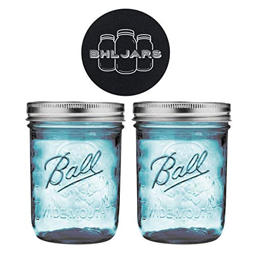 Ball Mason Jars 16 oz Wide Mouth Aqua Blue Colored Glass Bundle with Non Slip Jar Opener- Set of 2 Half Quart Size Mason Jars - Canning Glass Jars with Lids and Bands