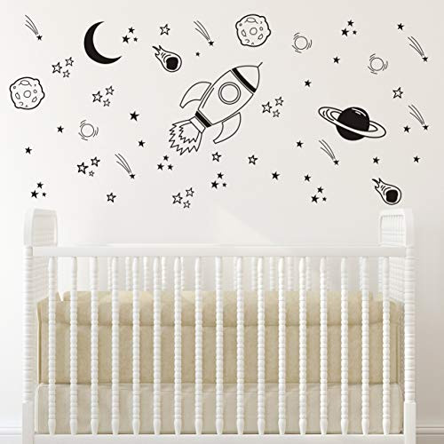 Space Wall Decal Nursery, Outer Space Decor, Rocket Decal, Boy Room Decor, Space Ship Decal, Space Themed Room, Planets Wall Decal for Baby Boys Nursery(A37) (Black)