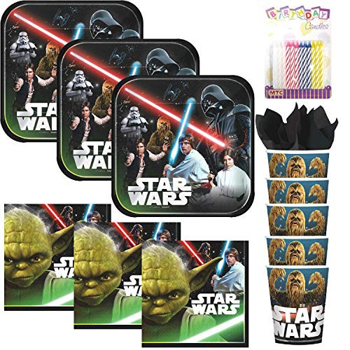 Lobyn Value Pack Classic Star Wars Party Plates Napkins and Cups Served 16 with Birthday Candles - Star Wars Party Supplies (Bundle for 16)