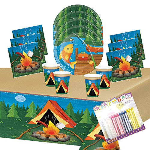 Camp Out Party Supplies Pack Serves 16: Dessert Plates Beverage Napkins Cups and Table Cover with Birthday Candles (Bundle for 16)