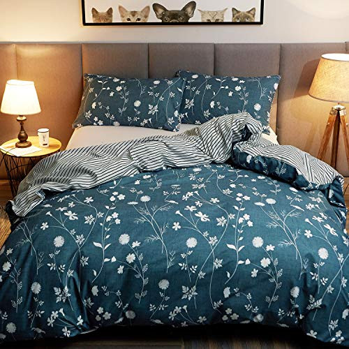 LAMEJOR Duvet Cover Sets Queen Size White Edelweiss Patterns Bedding Set Comforter Cover Blue(1 Duvet Cover+2 Pillowcases)