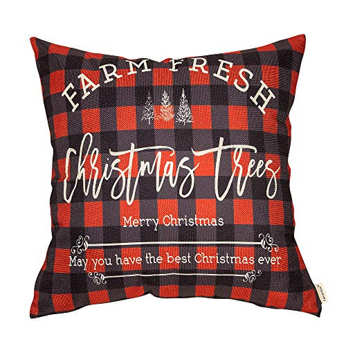 Fahrendom Winter Holiday Sign Farm Fresh Christmas Trees Farmhouse Gift Buffalo Checker Plaid Cotton Linen Home Decorative Throw Pillow Case Cushion Cover with Words for Sofa Couch 18 x 18 in