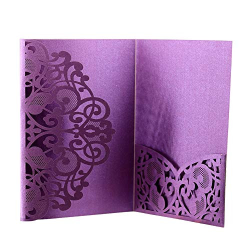 Wedding Invitation Cards,10pcs Laser Cut Floral Design Invites Pocket for Bridal Showers, Engagement Parties, Includes Covers, Blank Inserts (Purple)