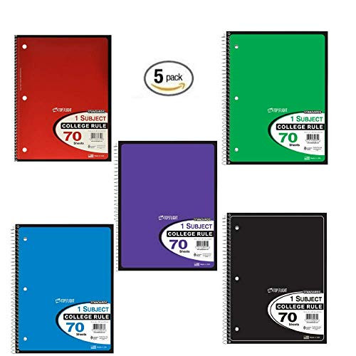 Top Flight Spiral Notebook, 1 Subject, 70 Sheets, Assorted Colors, 5 PACK (College Rule)