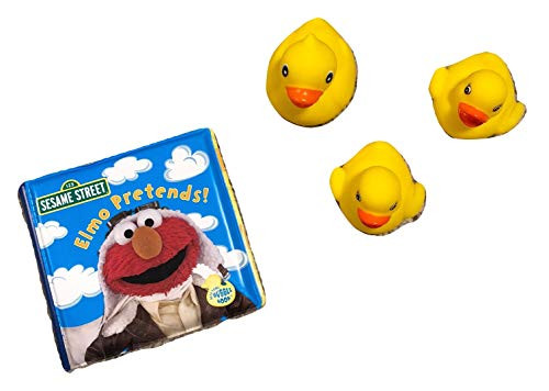 Sesame Street Baby Bath Time Toys, Bath Buddies Bath Book with Favorite Character Elmo; 3 Yellow Rubber Duckies; 2-pc (Sesame St)