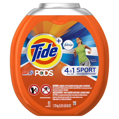 Tide PODS Plus Febreze Sport Odor Defense 4 in 1 HE Turbo Laundry Detergent Pacs, Active Fresh Scent, 61 Count Tub, PACKAGING MAY VARY