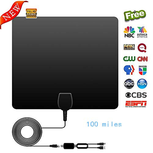 HDTV Antenna, 2019 Newest Indoor Antenna Amplified 1080P HD VHF UHF for Local Channels 100 Miles Range with Signal Amplifier Support 13ft Coax Cable