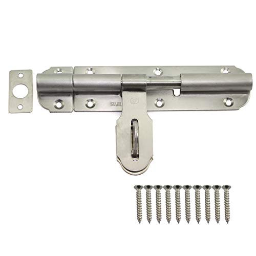 Tegg 1 Pack 6 Inches Stainless Steel Garage Door Gate Security Barrel Bolt Latch Padlock Hasp Silver