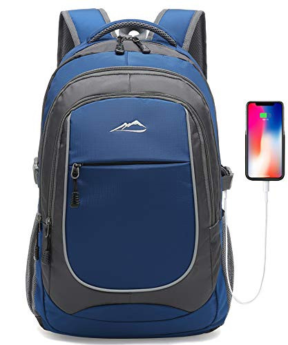 Backpack For School College Student Business Travel Bookbag with USB Charging Port (Blue)