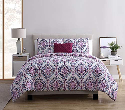 VCNY Home Lyndon Bohemian Damask 4 Piece Bedding Comforter Set, Full/Queen, Purple