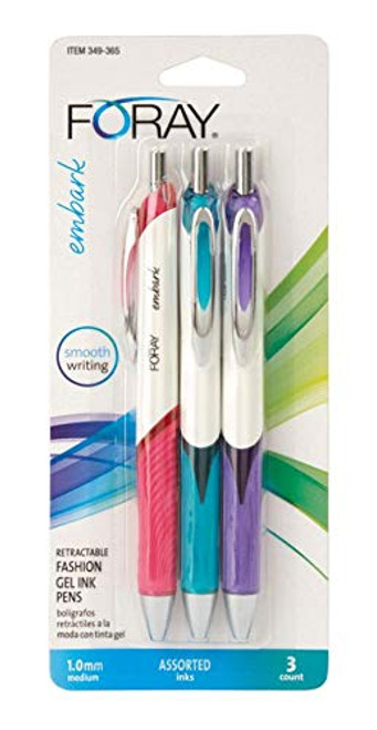 FORAY Embark Retractable Gel Pens, Medium Point, 0.7 mm, Assorted Barrels, Assorted Ink, Pack of 3