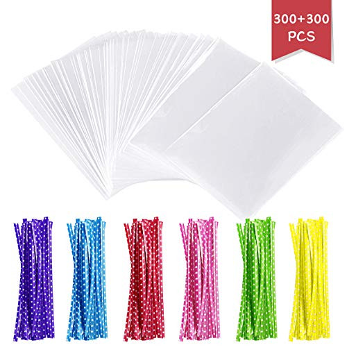 DLOnline 300 Pcs 3.5''x5.9'' Clear Treat Bags with 300 Pcs 3.5'' Colorful Twist Ties,Thickness OPP Poly Bags for Birthday Favor Candles Pretzel Icy Candy Popsicle Bags for Candy,Treat Bags,Twist Ties