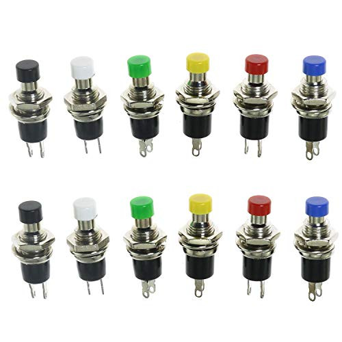 RuiLing 12-Pack 2 Pin Mini Round Push Button Switch NO Normally Open Momentary Durable Switches Mixed Color On/Off 6 Colors