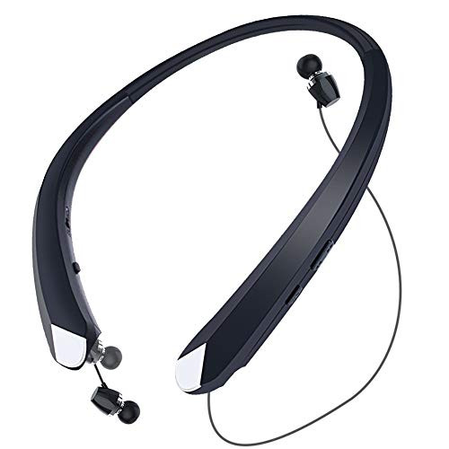 Wireless Headphones Neckband Retractable Bluetooth Headset HD Stereo Earbuds Earphones with Mic, Vibrating Call Alert (Black)