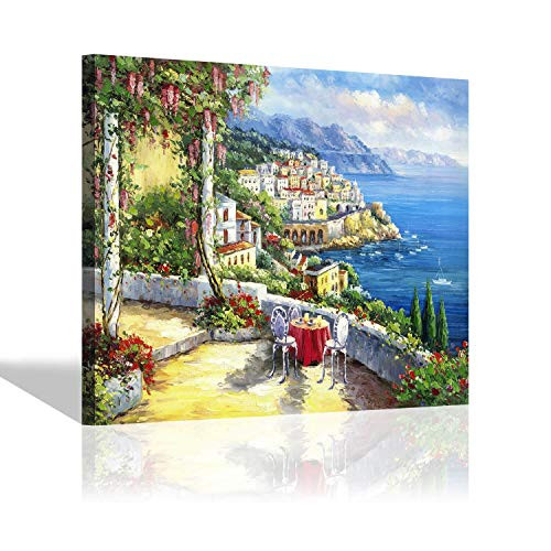 Italy Town Painting Wall Art: Italian Coastal View Landscape Picture Artwork Hand Painted on Canvas Art for Kitchen (24'' x 18'' x 1 Panel)