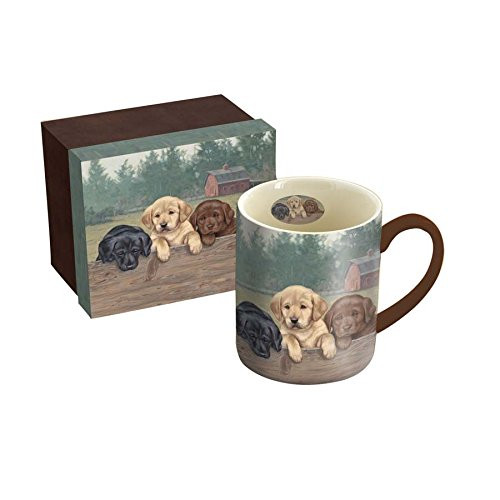LANG - 14 oz. Ceramic Coffee Mug -"On The Fence", Art by Jim Lamb - Black, Yellow, Chocolate Lab Pups
