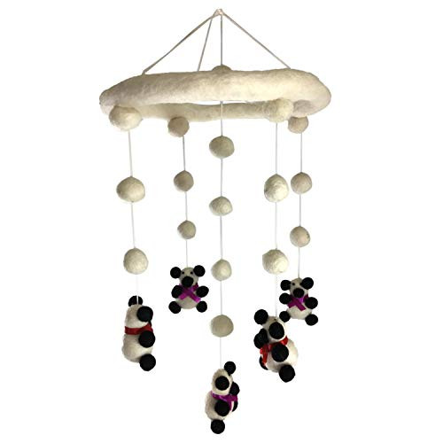 Wool Panda Nursery Mobile for Baby's Room Crib Decoration (Pandas with Purple and Red Ribbons)