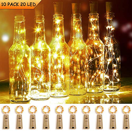 SunKite Wine Bottle Lights with Cork 10 Pcs 20 LEDs Warm White Cork Shape Silver Copper Wire Battery Powered LED Fairy String Lights (Warm White)
