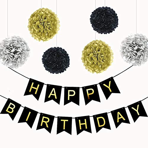 Tylang Gold Black Birthday Balloons Kits, Happy Birthday Banner Party Supplies Favors Decorations for 16th, 18th, 21th, 30th, 40th, 50th, 60th, 70th Birthday Decorations Tissue Paper Pom Poms Silver