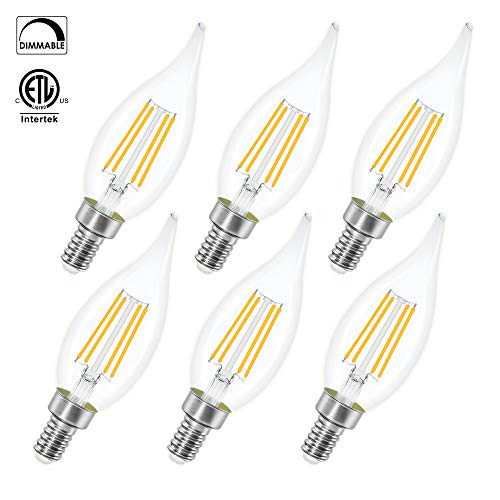 Sailstar Dimmable Candelabra LED Bulbs, 40W Equivalent, 4 Watt Warm White 2700K, Edison Chandelier Light Bulb, E12 Base Filament Flame Tip, 400 Lumen, 6 Pack Sailstar Dimmable Candelabra LED Bulbs, 40W Equivalent, 4 Watt Warm White 2700K, Edison Chandelier Light Bulb, E12 Base Filament Flame Tip, 400 Lumen, 6 Pack